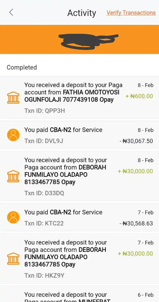 Paga app doesn't show recent and current transaction history